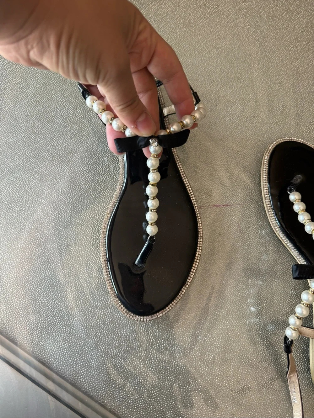 Styluxe Black Pearl Bow T-Strap Sandals